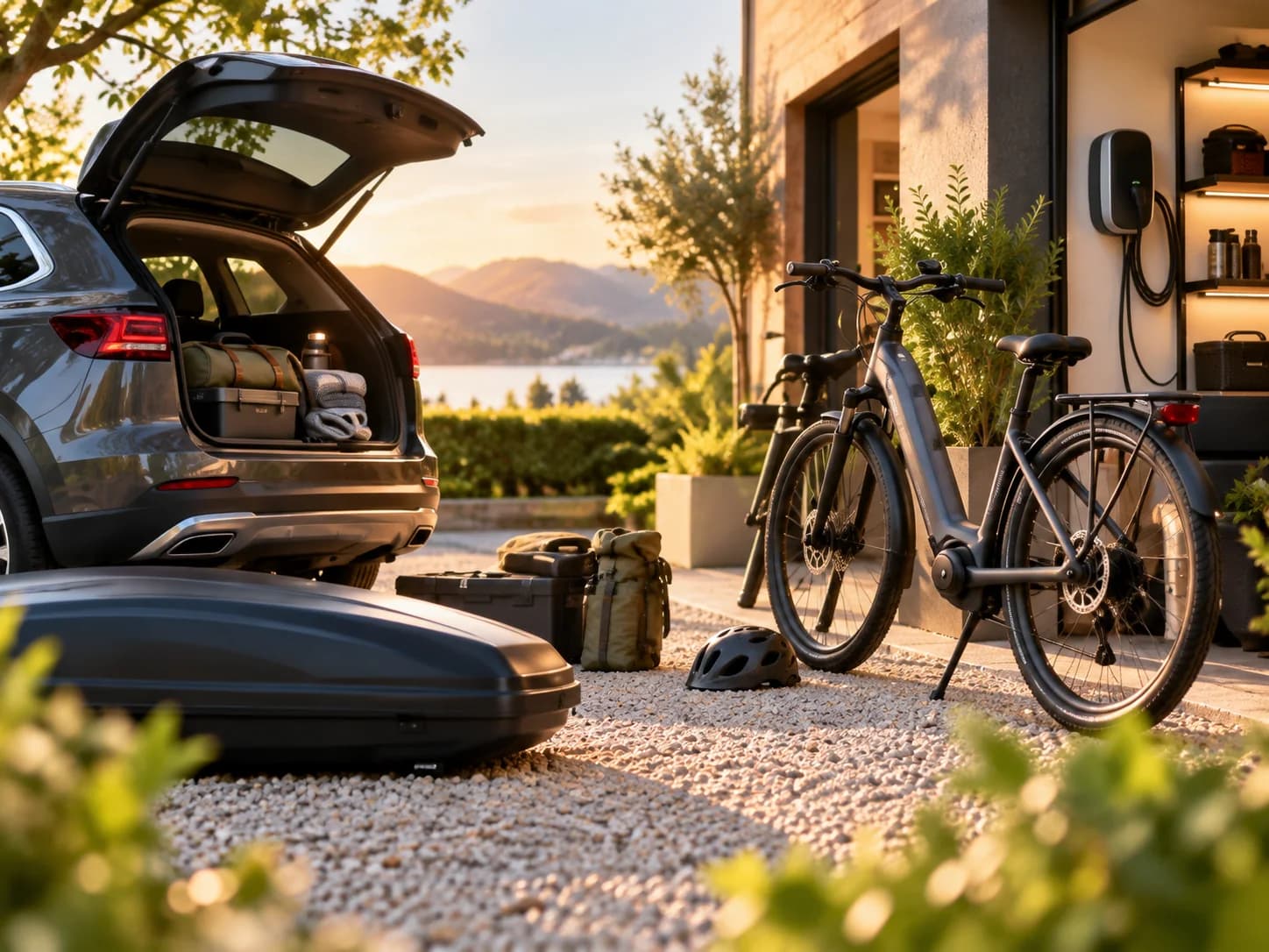 Moderne auto met open kofferbak en elektrische fietsen bij een warme, moderne garage