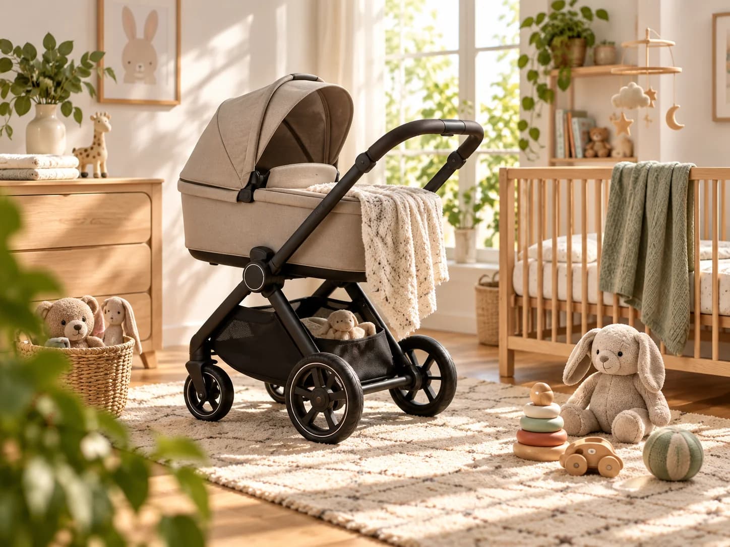 Beige kinderwagen in een lichte, warme babykamer met houten ledikant en speelgoed