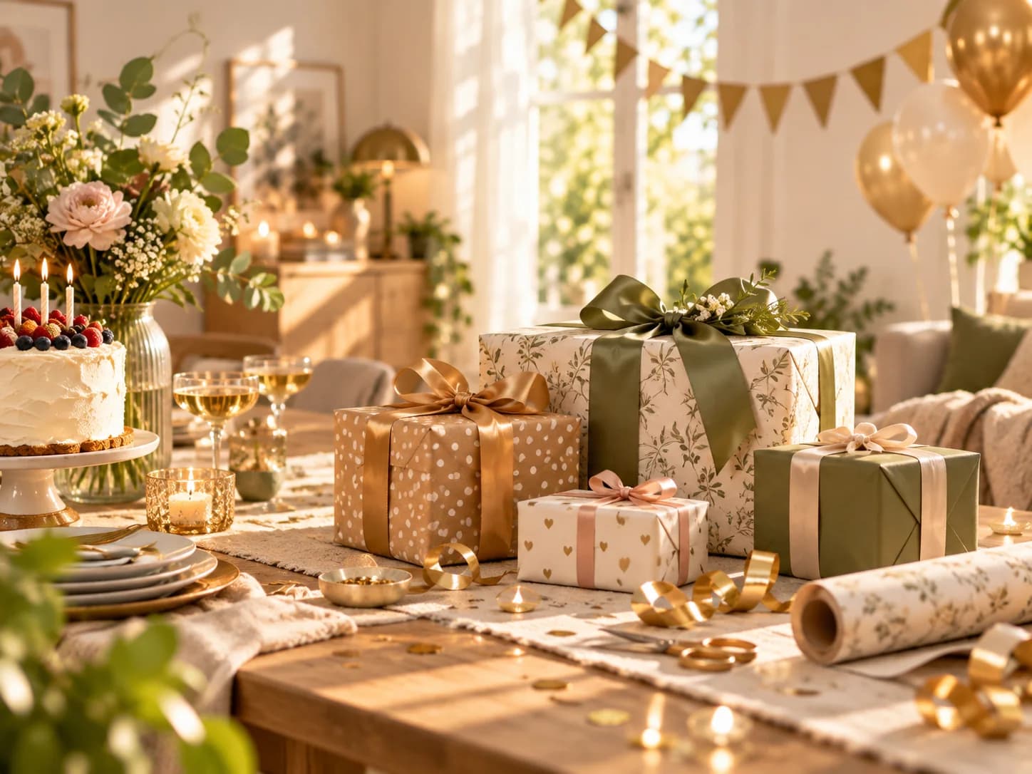 Feestelijke tafel met ingepakte cadeaus, taart, bloemen en gouden decoratie