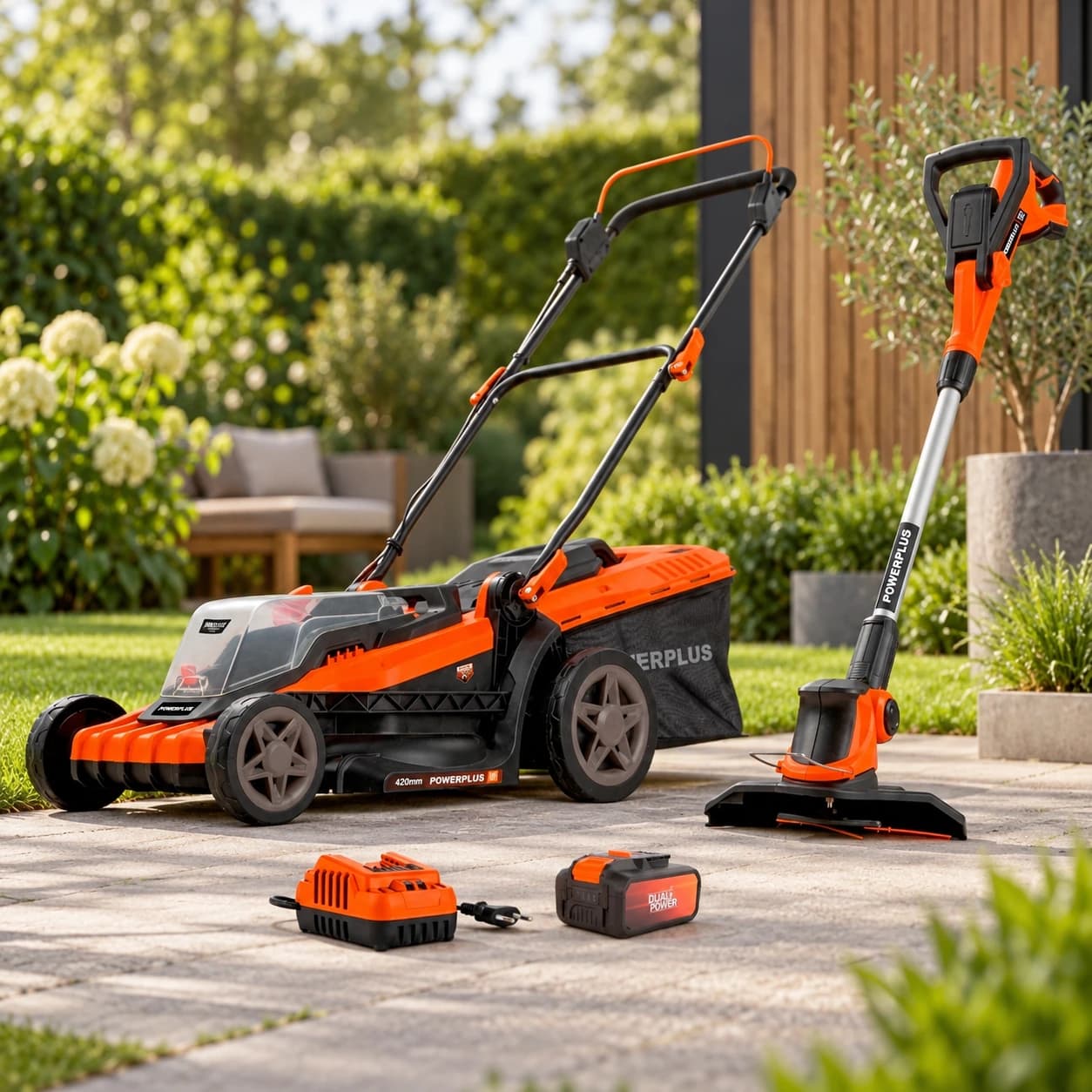 Grasmaaier en grastrimmer op een terras in een zonnige tuin