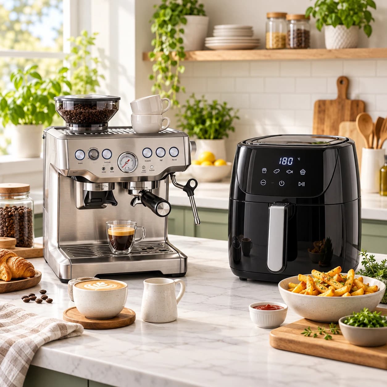 Espressomachine en airfryer in een lichte keuken