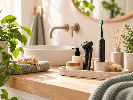 Elektrische tandenborstel en scheerapparaat in een lichte, moderne badkamer