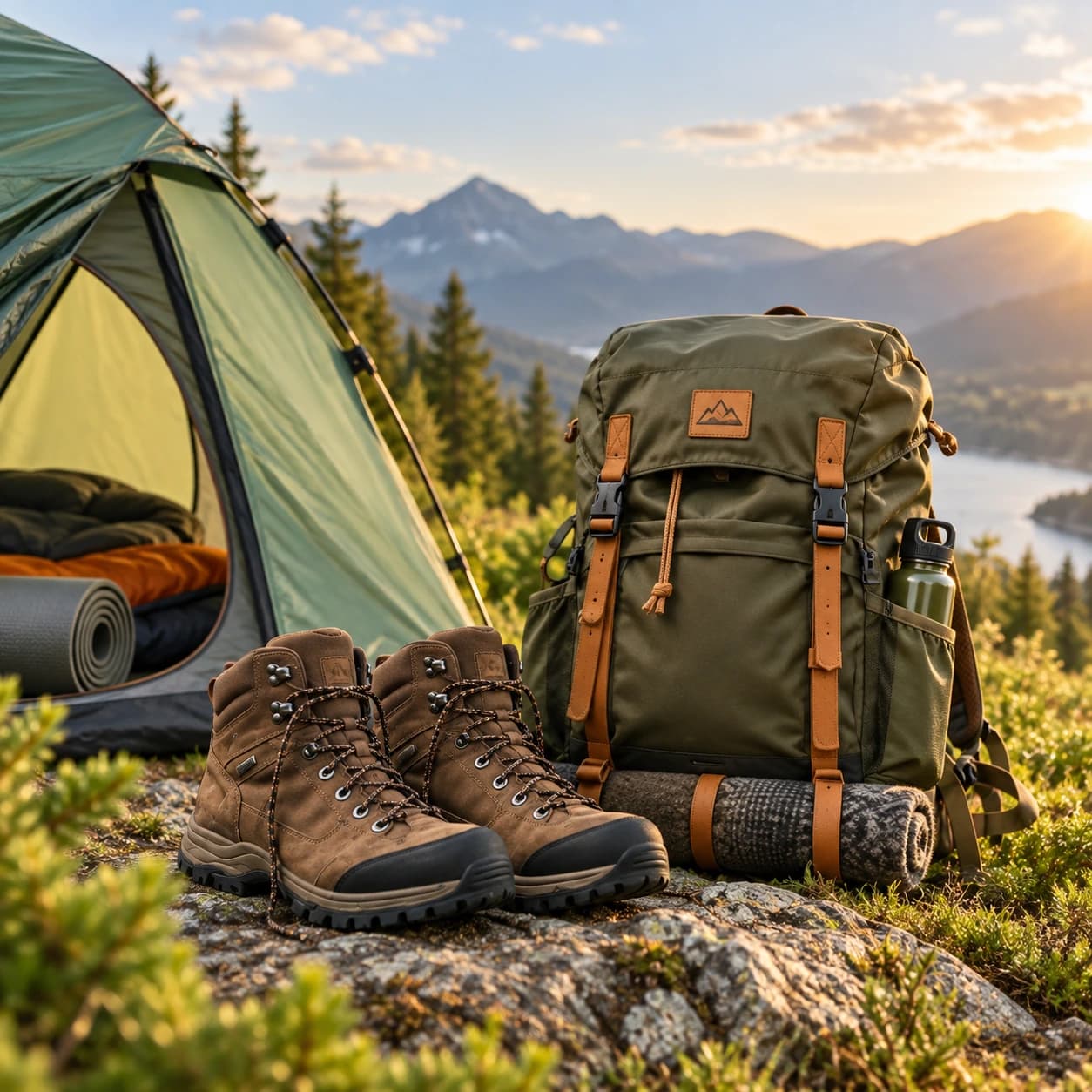 Wandelschoenen en rugzak naast een tent in een berglandschap