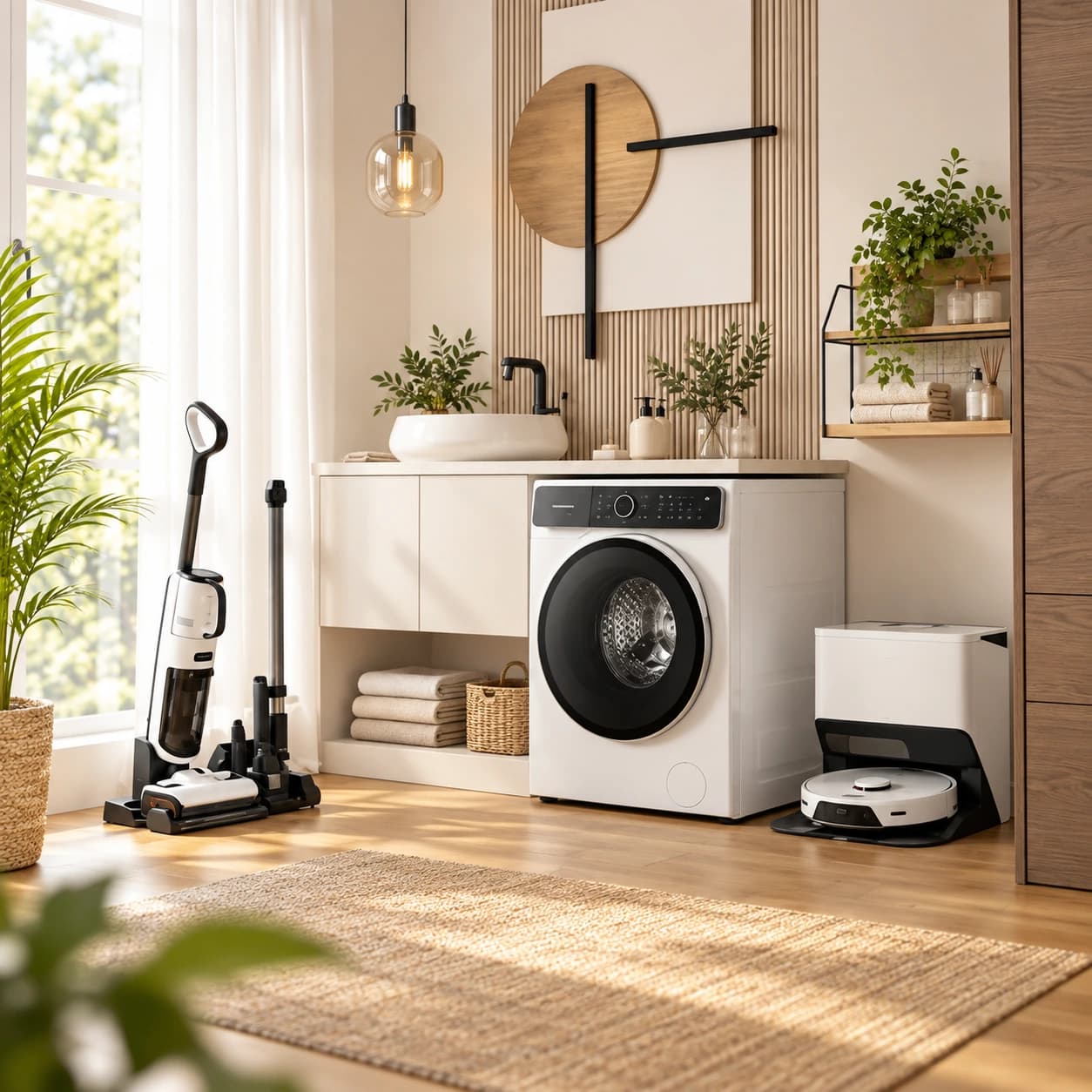 Moderne wasruimte met wasmachine, steelstofzuiger en robotstofzuiger