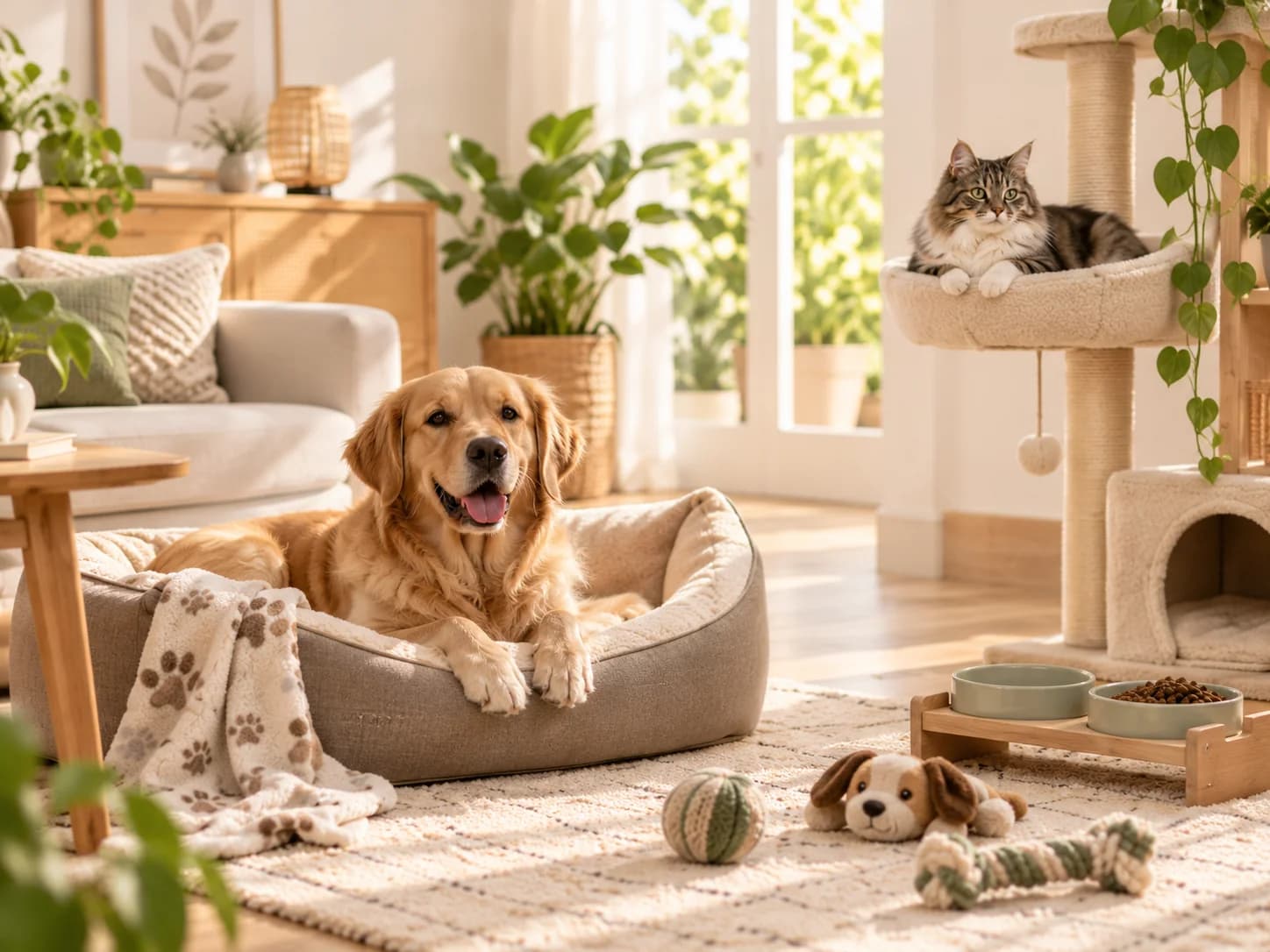 Golden retriever in een hondenmand en kat op een krabpaal in een lichte, warme woonkamer