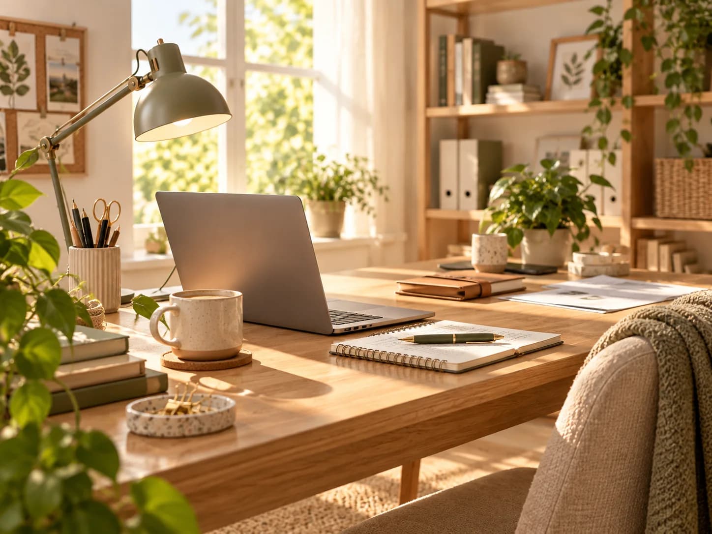 Lichte thuiswerkplek met laptop, bureauverlichting, boeken en schrijfwaren