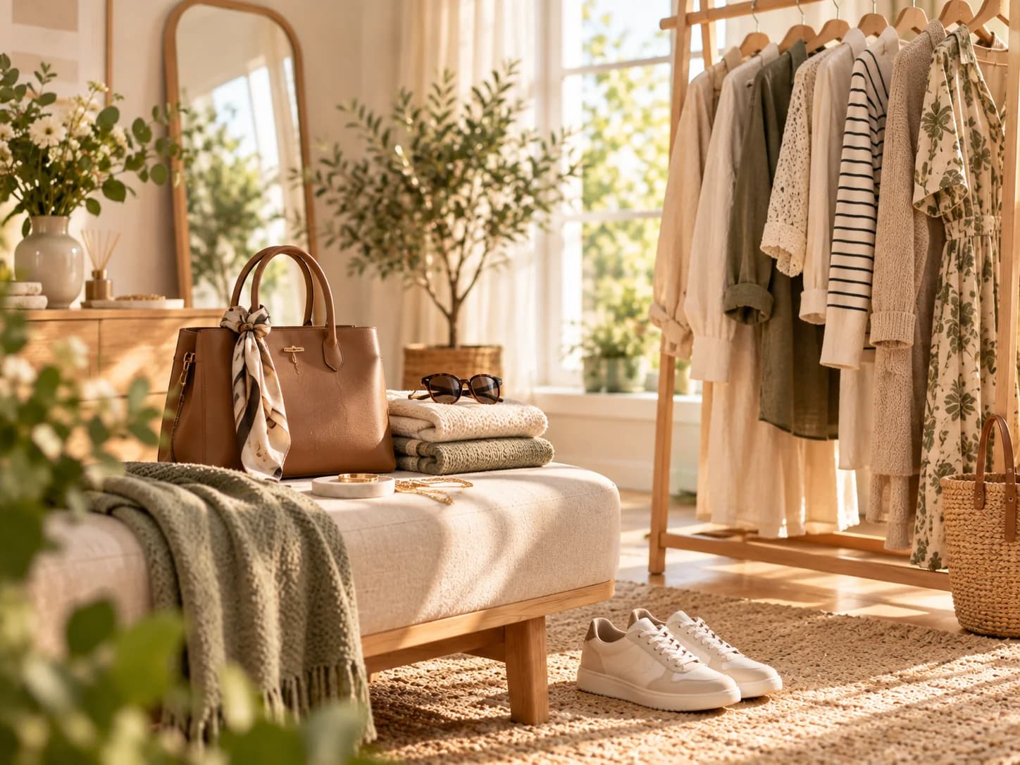 Lichte garderoberuimte met kleding, schoenen, tas en accessoires in warme neutrale tinten