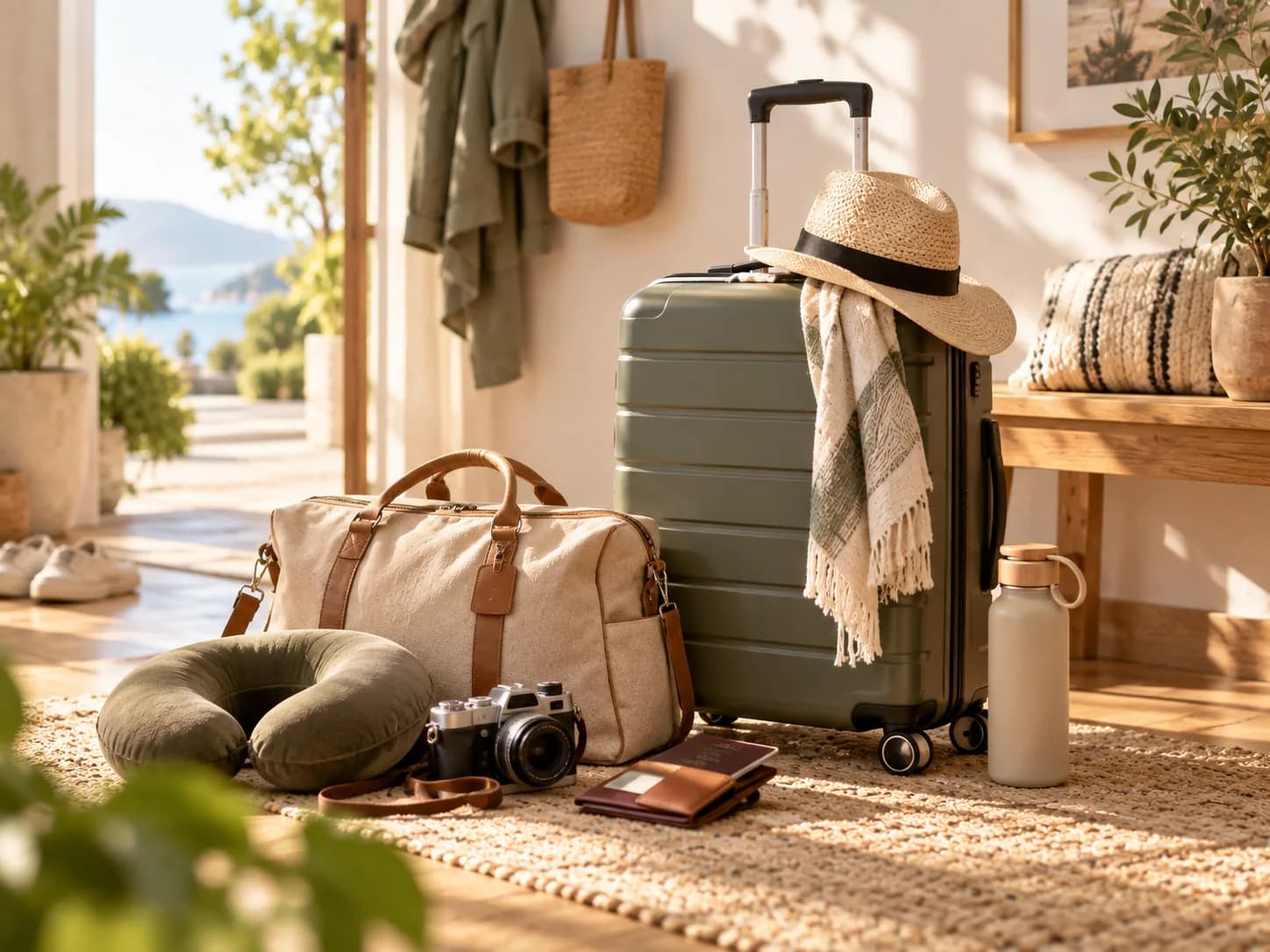 Reiskoffer, weekendtas, camera en reisaccessoires in een zonnige vakantiesfeer